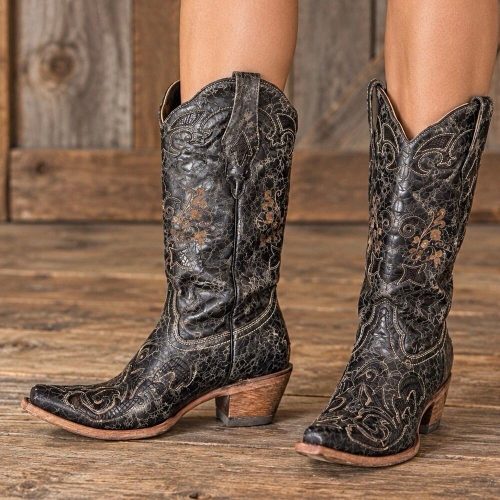 Corral C1198 Black Lizard Inlay Snip Toe Western Cowgirl Boots Women 5.5 M